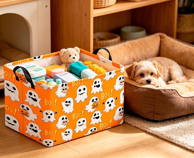 CLOCOR Rectangular Storage Basket Empty,Gift Basket,Room Decor(Yellow Ghosts Halloween)
