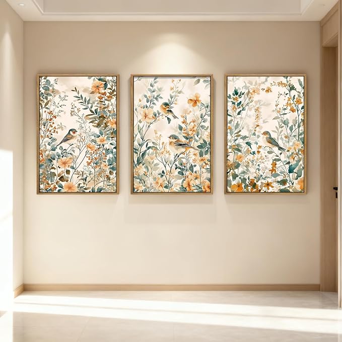 ANHUIB Large Vintage Floral Bird Framed Wall Art 16x24 Inch Beige Botanical Pictures Wall Decor Nature Wildflower Canvas Painting Set of 3 Retro Neutral Flower Artwork for Living Room Bedroom Barhroom