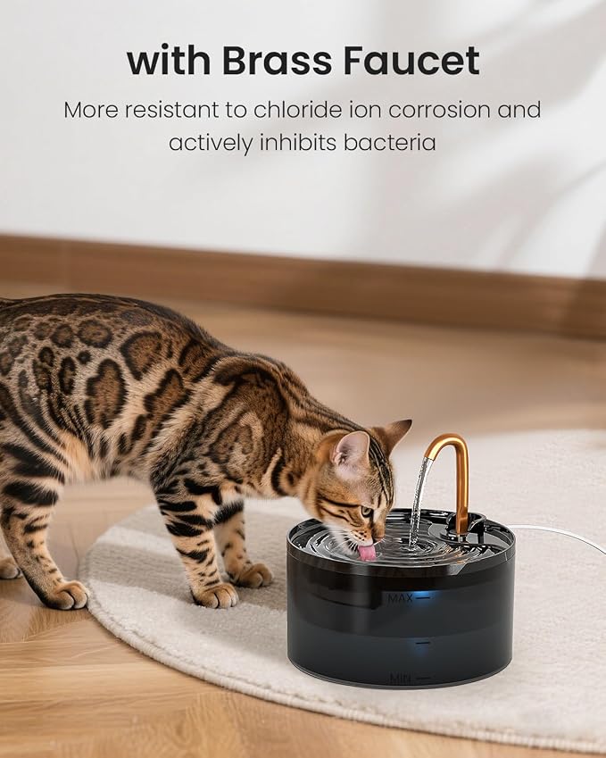 MISFANS Cat Water Fountain with 3-Pack Replaceable Filters,Copper Faucet | 71oz/2.1L Cat Fountain for Drinking, MISFANS-Designed Pump & Filter, Plastic Automatic Pet Water Fountain Bowl & Dispenser