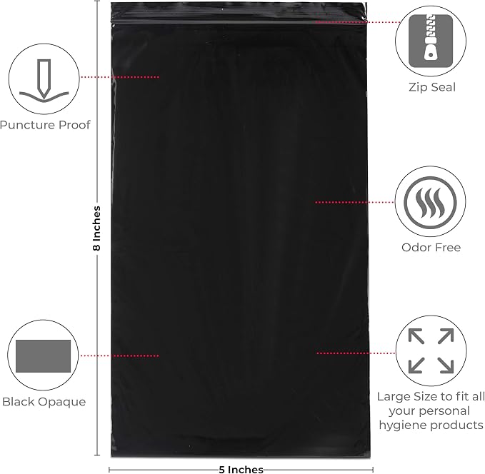Feminine Personal Disposal Bags- 100 Black Opaque Bags for Sanitary Disposal, with Purse Pouch. Discreet Disposal for Tampons, Pads, and Liners (Pink)
