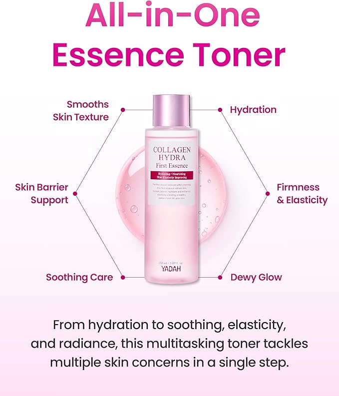 YADAH Collagen Hydra Essence – Deep Hydration, Soothing with 80,000ppm Collagen peptides and Triple Hyaluronic Acid, Centella Asiatica Extract, Niacinamide – 5.07 fl oz