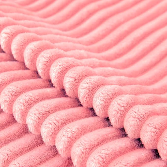 Vessia Flannel Fleece Throw Blanket for Couch,Sofa,Bed, 300GSM Striped Pink Blanket for Adults and Kids, Super Soft Warm Cozy Lightweight Ribbed Throw for All-Season