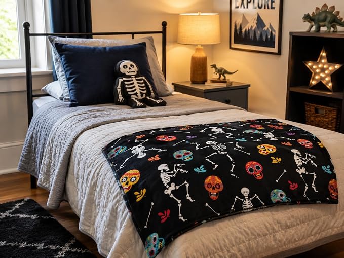 Halloween Fleece Throw Blanket, Dancing Skeletons & Sugar Skulls, 50x70 in | Ultra-soft cozy flannel fleece, for sofa couch bed chair & dorms, spooky Halloween décor, durable and machine washable.