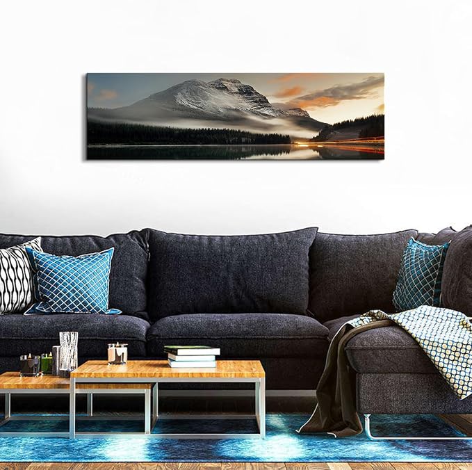 Sunset Mountain Landscape Canvas Wall Art for Living Room Wall Decor 14x48" Black and White Nature Forest River Scenery Picture Prints Paintings Artwork for Bedroom Bathroom Office Home Decoration