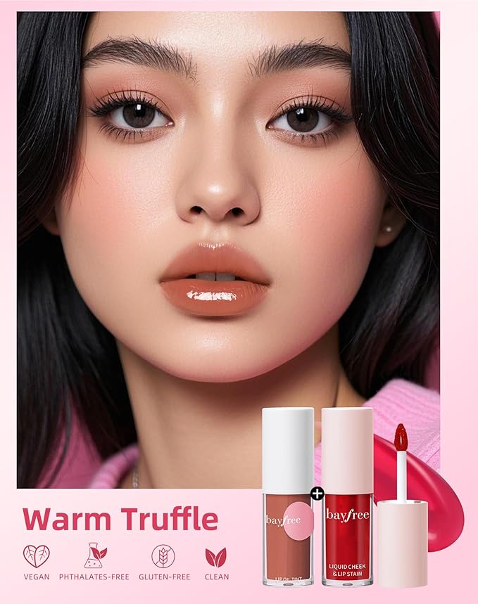 bayfree Tinted Lip Oil & Lip Stain Set, Korean Makeup, Smudge-Proof,Long-Wearing, 2-in-1 Cheek and Lip Tint with Moisturizing, High-Shine, Lightweight & Non-Sticky for Dry Lips, Cruelty-Free & Vegan
