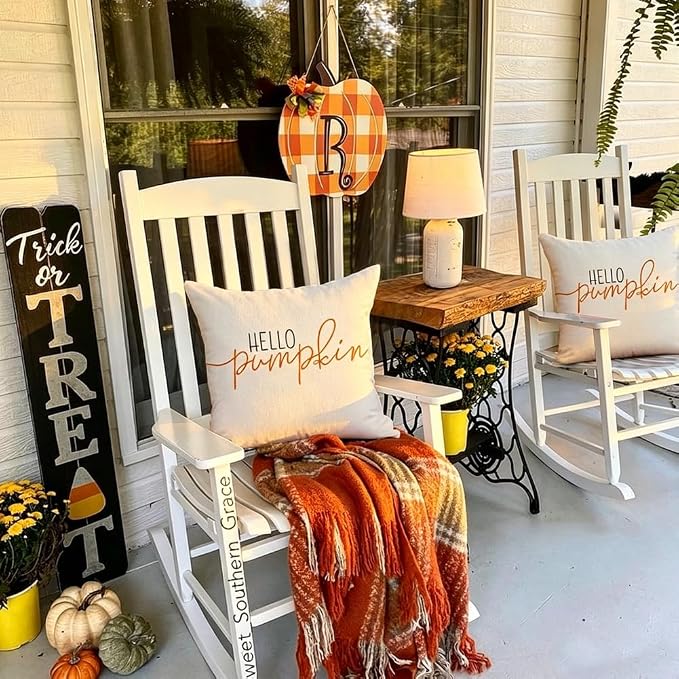 RABUSOFA Fall Pillow Covers 24x24 Inch Fall Decor for Home | Hello Pumpkin Lettering,Indoor Outdoor Use,Harvest Autumn Thanksgiving Decorations for Couch Sofa