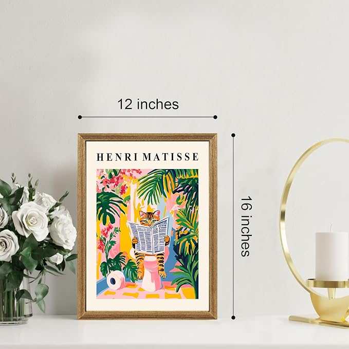 ICHZUMW Framed Funny Tabby Cat Matisse Canvas Bathroom Wall Art, 12x16 In | Humorous Cat Reading on Toilet, Girly Pink Dopamine Bathroom Wall Decor, Restroom Powder Room, Fade Resistant, Ready to Hang
