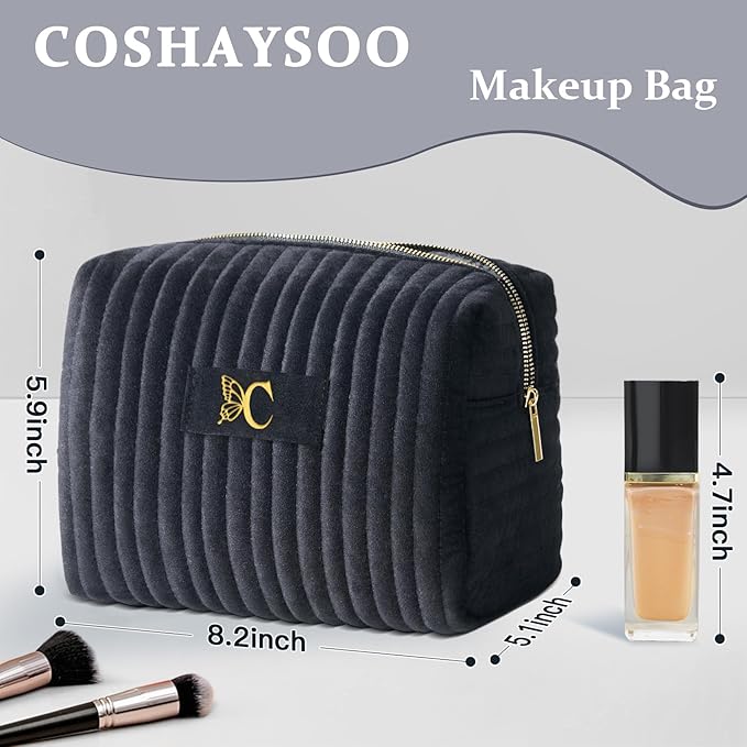 COSHAYSOO Personalized 16th 18th 21st Birthday Gifts for Girls Travel Makeup Bag Quilted Make Up Cosmetic Pouch 16 17 18 19 20 21 Year Old Girl College Dorm Essentials Black Velvet Initial Letter C