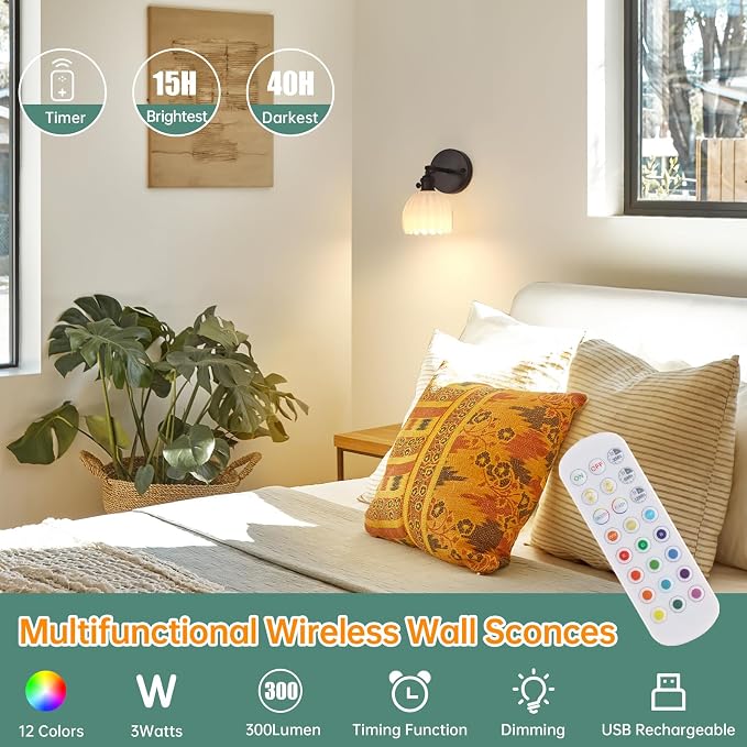 Shenmoyl Vintage Battery Operated Wall Sconce with White Tulip Glass Lampshade Rechargeable Battery Powered Black Wall Light with Remote Control for Bedside Bedroom Doorway
