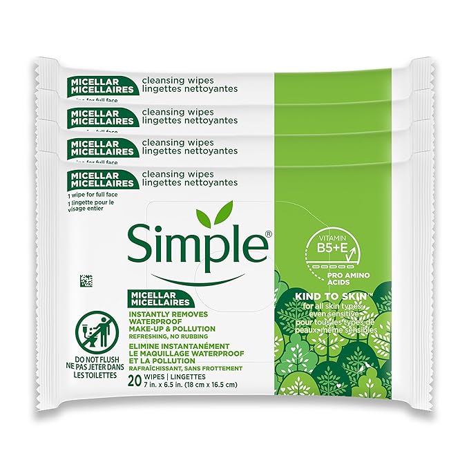 Simple Kind To Skin Micellar Makeup Remover Wipes - Face Wipes Instantly Remove Waterproof Makeup - Enriched with Vitamin B5 and E - Vegan - 4 pc