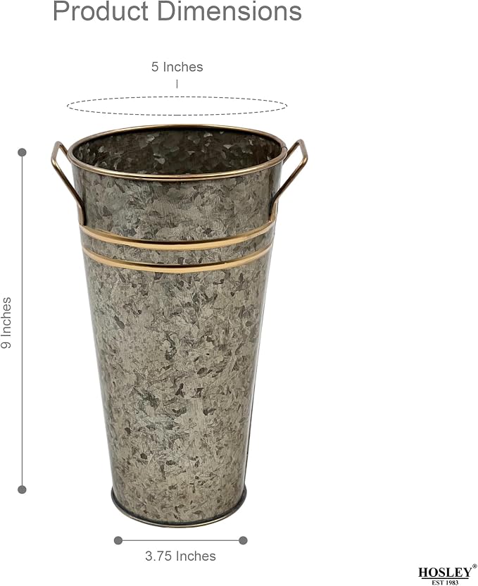 Hosley Set of 2 Zinc Finish Bucket/Pot Vase with PVC Liner, 5" Dia x 9" H Ideal Gift for Floral Arrangements Wedding Home Office Party DIY Indoor Outdoor Garden Patio