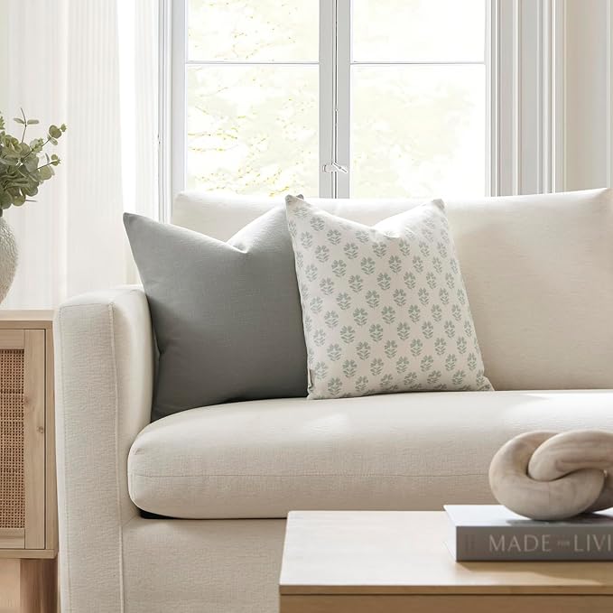 Meekio Set of 2 Dusty Sage Throw Pillow Covers 20x20, Modern Farmhouse Linen Blend Decorative Pillow Covers for Couch Sofa Bed, Neutral Home Decor