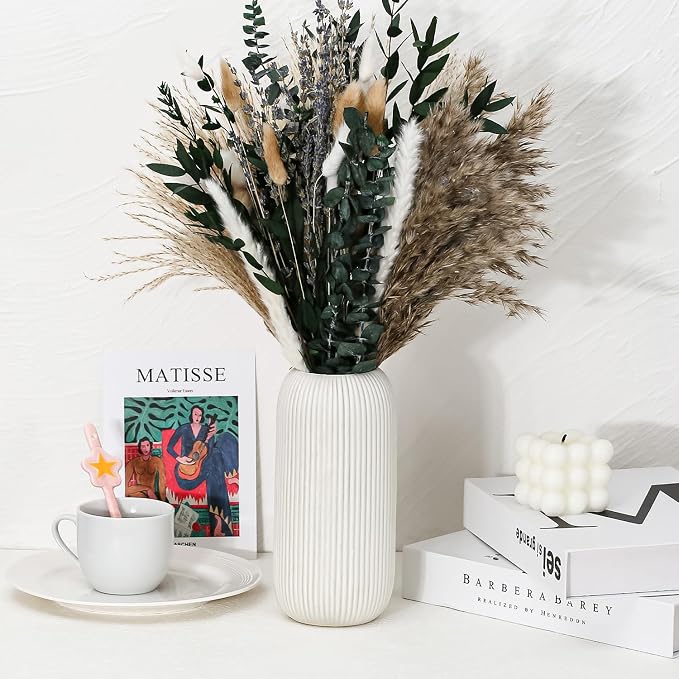 Bohemian White Ceramic Vase - for Pampas Grass, Mantel, Bookshelf, Entryway and Living Room Decor (White, 8in-Pill)