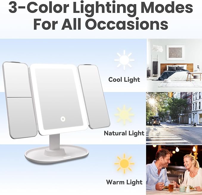 Makeup Mirror with Lights，Vanity Mirror with Lights 2X/3X/10X Magnification, Smart Sensor, Adjustable Stand & Brightness, Travel Makeup Mirror with Type-C Fast Charging 3-Colors, Gifts for Women Girls