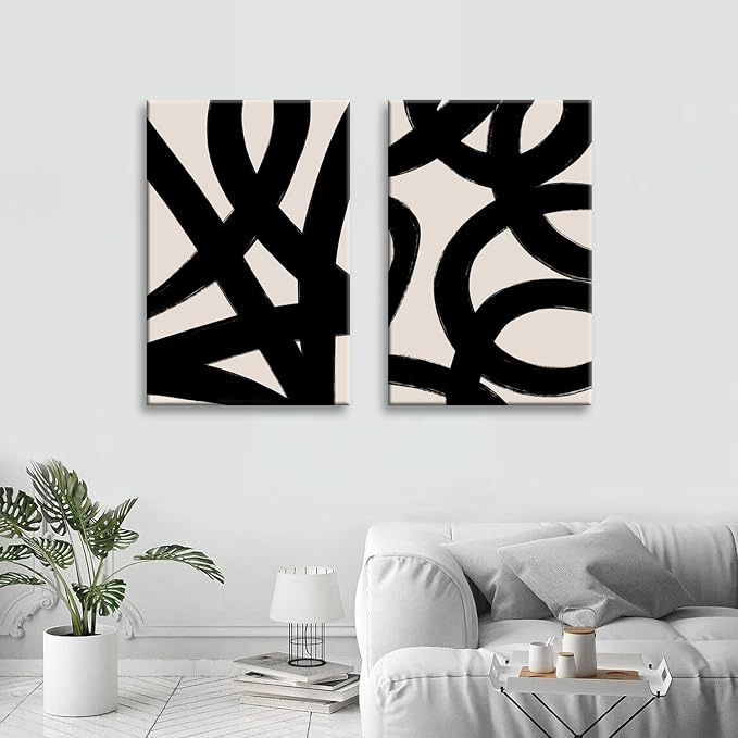 Framed Abstract Wall Art Canvas Set Lines Pictures Modern Mid Century Boho Wall Decor Minimalist Abstract Black Stroke Lines Canvas Painting Artwork Living Room Bedroom Home Office 12"x16"x2