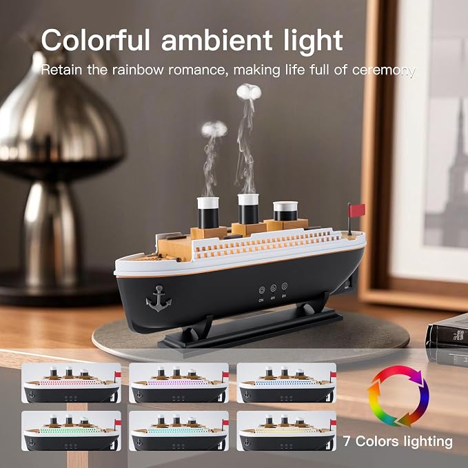 Titanic Humidifier 250ml, Essential Oil Diffuser Cool Mist Ultrasonic Aroma Aromatherapy Diffuser with Remote Control 7 Light 2 Mist Mode Auto Shut-Off for Bedroom Office Hotel(Black White)