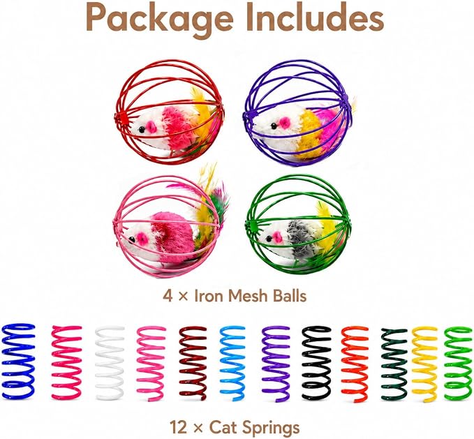 Cat Toys for Indoor Cats, 4 Wire Mesh Mice & 12 Colorful Springs