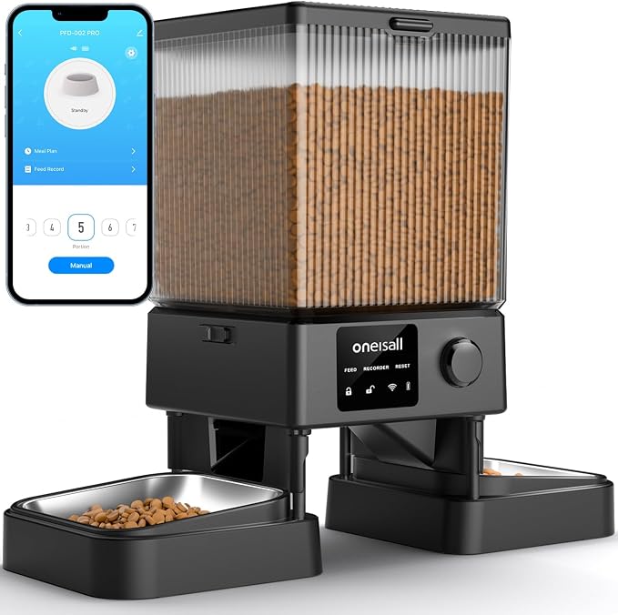 oneisall 5G WiFi Automatic Cat Feeder for 2 Cats, App Control, 20 Cups/5L | Timed Meals, Feed Now, Feeding Logs, Slow Feed, Precise Portions, 10s Voice Recorder, Family Sharing, Stainless Steel Bowls