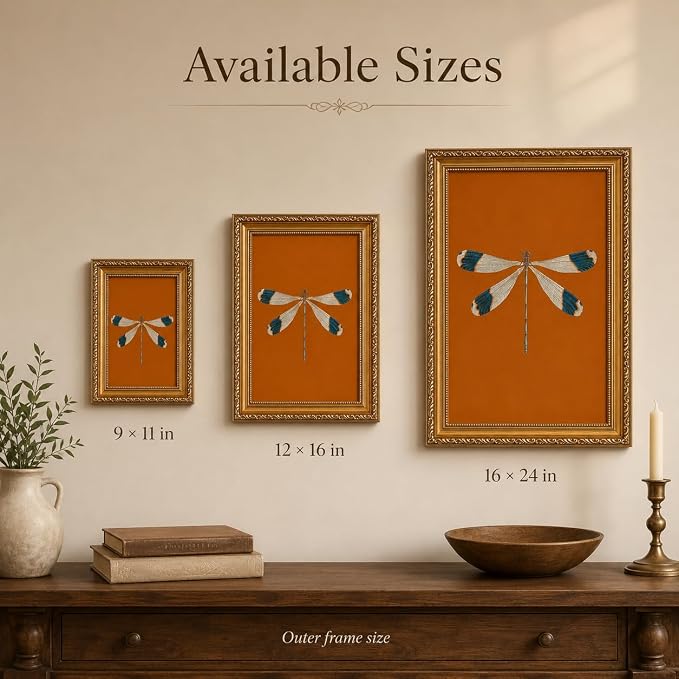 Gold Framed Dragonfly Wall Art,Antique Insect Picture Wall Decor24x16in | Burnt Orange Background Canvas Print Cottagecore For Bedroom, Study,Hallway,Entryway
