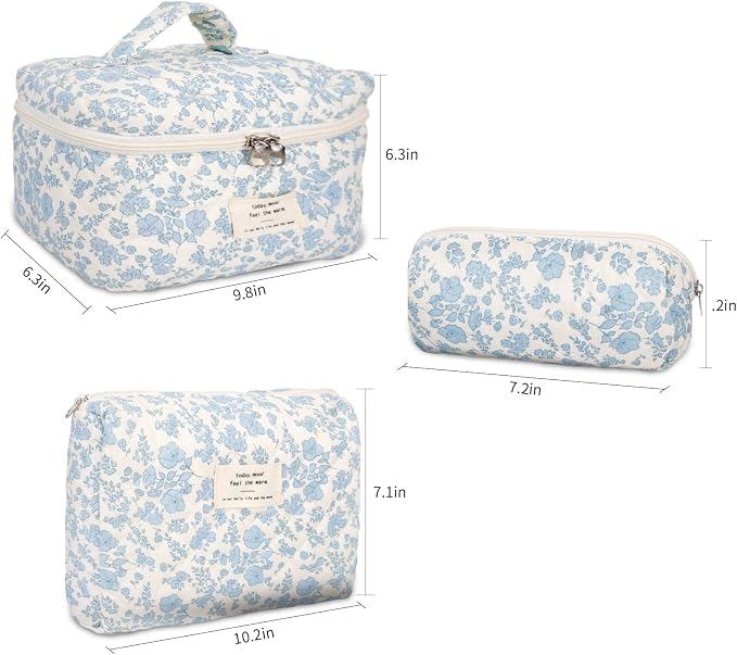 GISMTR 3Pcs Cotton Quilted Makeup Bag Large Travel Cosmetic Bag Coquette Makeup Pouch Cute Aesthetic Floral Toiletry Bag for Women Girls