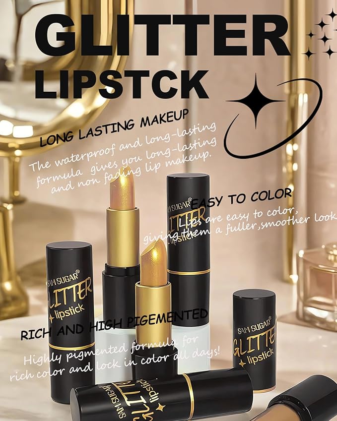 6 Pcs Metallic Glitter Lipstick Set, Sparkling Shimmer Lip Stick High Pigmented Lip Gloss for Women, Diamond Shiny Long Lasting 24 Hours Waterproof Non-Stick Lipgloss Lips Color labiales Makeup Gift-C