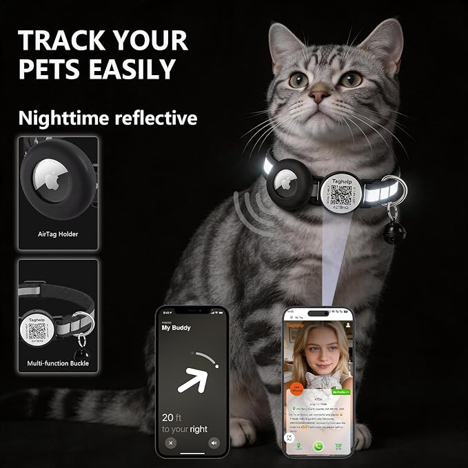 Smart QR Code Cat Collar with Airtag Cat Collar Breakaway, Reflective Kitten Collar with Apple Air Tag Holder and Bell for Girl Boy Cats, 0.4 Inches in Width and Lightweight(Black)