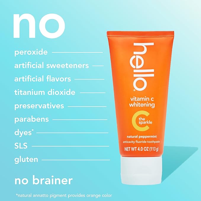 Hello Vitamin C Whitening Toothpaste with Fluoride, Whitening SLS Free Toothpaste, Up to 2 Shades Whiter Teeth, No Peroxide, Safe for Everyday Use, Natural Peppermint, 4.0 Oz