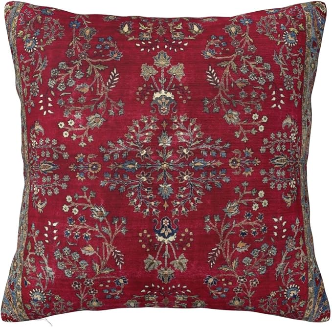 Central Red Persian Silk Rug Print Pillow Covers Decorative Square Throw Pillowcase 18x18 Inch Couch Cushion Cover for Home Decor Living Room Bedroom College Dorm Bed Car Sofa