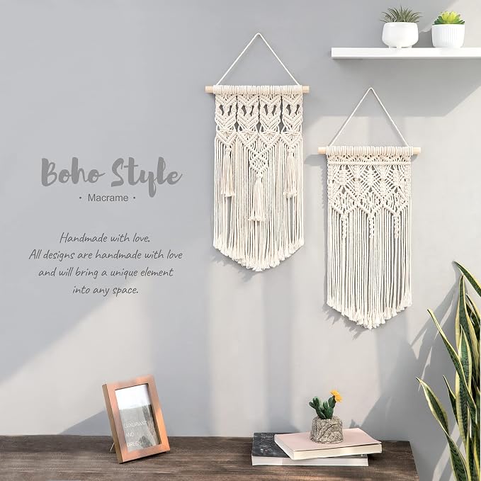 Mkono 2 Pcs Macrame Wall Hanging, Boho Woven Chic Tapestry Decor, Ivory | 18"L x 9.5"W, Bohemian Wall Decor, Hand-Woven Craft, Multi-Scene, Bedroom Nursery Living Room Apartment, Girls Adults Gift