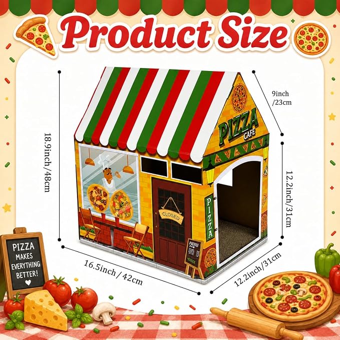 Cinrobiye Cardboard Cat House with Scratcher, Indoor Cat Condo Cat Cave Hideout with Scratch Pad, Cardboard Cat Playhouse Bed for Cats, Kittens, Rabbits & Small Pets (Pizza)