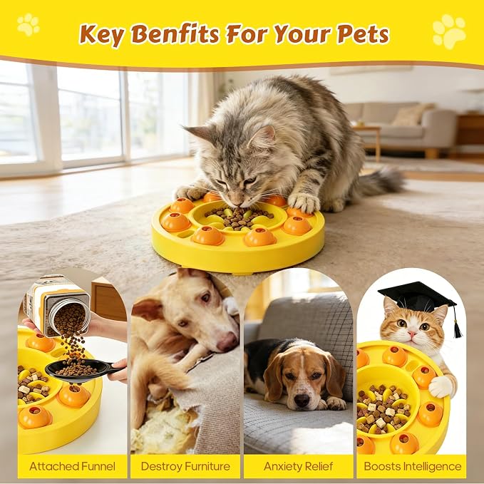 Dog Food Puzzle Toys Interactive Game Toy for IQ Training Enrichment Dog Food Puzzle Slow Feeder for Small, Medium Dogs and All Cats (Yellow Bowl)