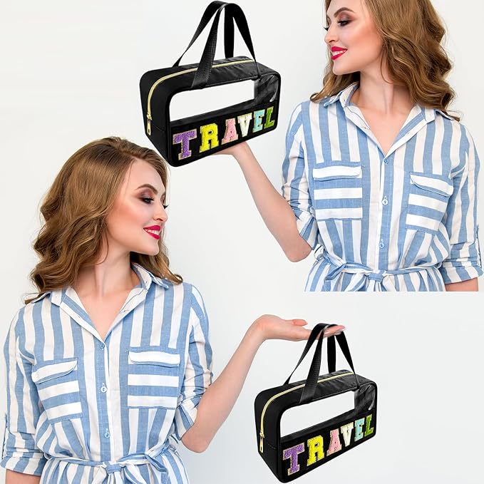 Bunliuys Chenille Letter Clear Makeup Bag Travel Patch, Travel Toiletry Makeup Bag with Handle, Nylon Waterproof Makeup Bags clear cosmetic bag, preppy patch makeup bag for Women (TRAVEL-Black)