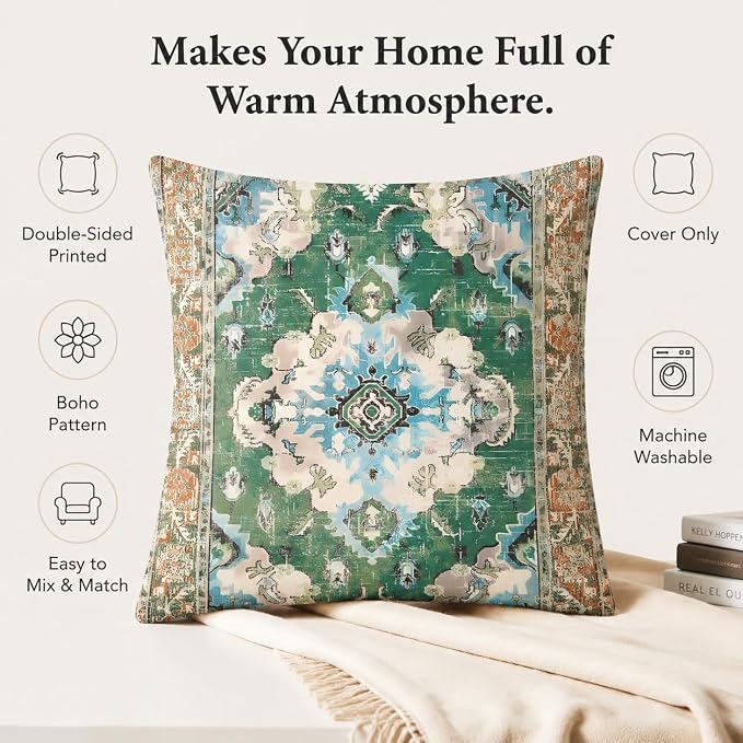 Boho Throw Pillow Covers 18x18 inch Set of 2, Soft Pillowcases Bohemia Carpet Printing Pattern Decorative Sofa Living Room Bed Square Pillow Case Cushion Cover-Green