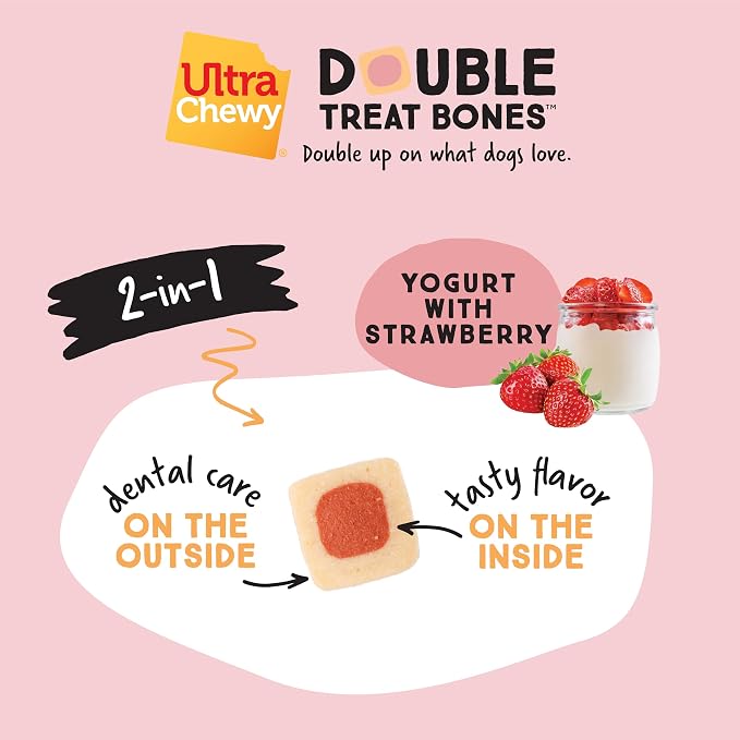 Ultra Chewy 3 Flavor Yogurt Double Treat Bones, Strawberry Blueberry Banana | Long-Lasting, Made in USA, Large and Small Breeds, Highly Digestible, 12 Count