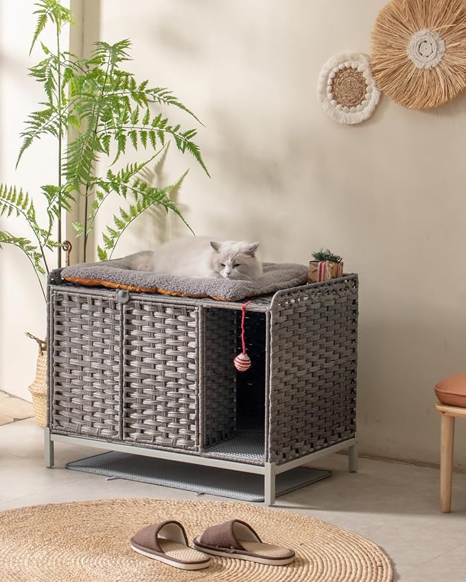 SETVSON Cat Litter Box Enclosure Furniture with Divider, Cat Cabinet,Gray | Handwoven PE Rattan with Soft Mat, 3.54-In Heightened Metal Feet, 2 S-Hooks, 31.2 x 19.6 x 24.2 Inches Spacious Cat Furniture