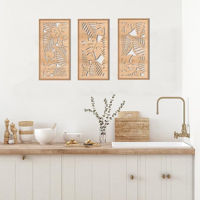 IARTTOP Tropical leaf Wood Wall Decor Framed Palm Monstera Leaves Wooden Wall Art Coastal Hawaii Art decor 7.87x15.75 Inch Set of 3 for Living room Bedroom Office