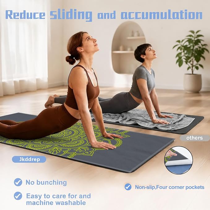 Yoga Mat Towel, Hot Yoga Non Slip with 4 Corner Pockets, 70 x 26 in | Soft Absorbent Microfiber With Four Corner Pockets, Fits Over Yoga Mats For Hot Yoga, Pilates, Gym, And Travel