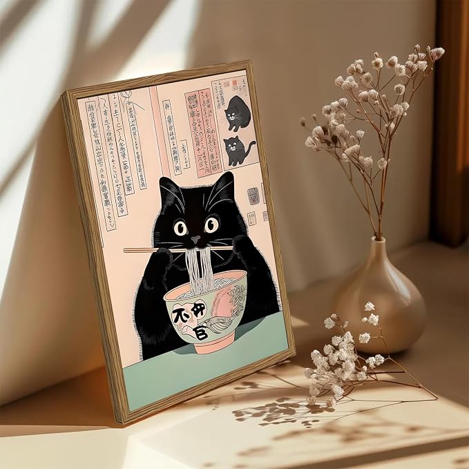 Funny Japanese kitchen Black Cat Wall Art, Whimsical Cat Eating Noodles Wall Decor Painting, Cute Animal Canvas Poster Eclectic Pet Dining Room Prints Artwork Wood Framed 16x24 inch