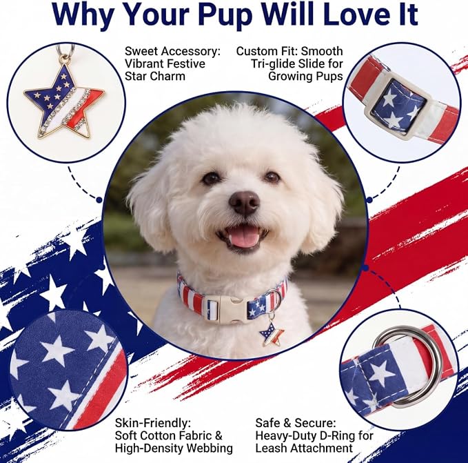 American Flag Dog Collar, Patriotic Dog Collar for Boys Girls Dog, Adjustable Puppy Collar with Star Pattern for 4th of July Occasion & Daily Walking, Fits Puppies and Small Breeds