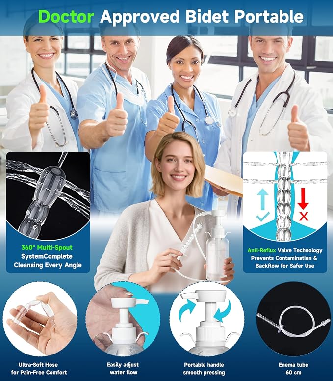 Enema Kit Douches for Men - 330ml Anti Back-Flow Design with Handle & 3 Nozzle Tips, Portable Rinse Bottle for Women