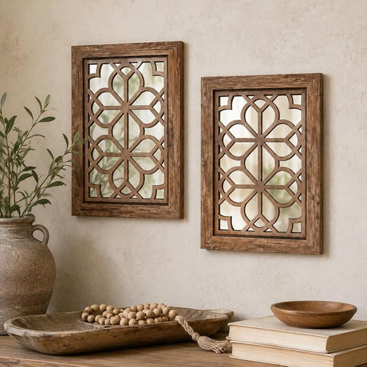 Set of 2 11x15 Inch Rectangular Shatterproof Maroon Decorative Wall Mirrors, Boho Farmhouse Rustic Vintage Accent Mirrors for Living Room Bedroom Entryway & Home Decor