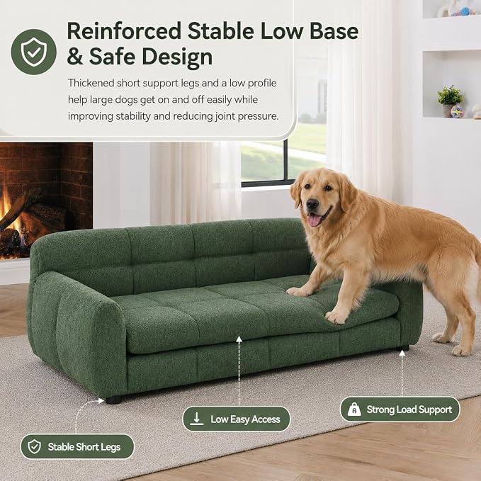 51"×28" Large Dog Sofa, for Large & Extra Large Dogs | Detachable Cushion | Reinforced Low Base|Non-Sagging |Linen Fabric | Soft Cushion | Armrest & Backrest | Olive Green