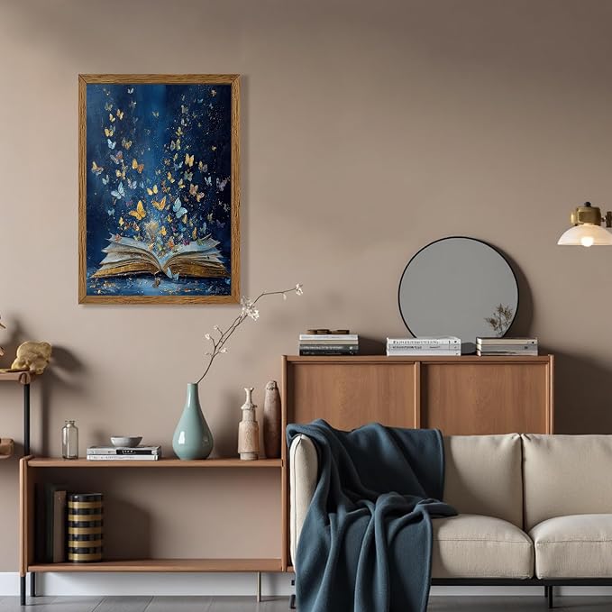 JLTULT Book Wall Art with Butterflies, Solid Wood-Framed Canvas, 20x30 in | Blue open-book art with butterflies on fade-resistant canvas and a ready-to-hang solid wood frame for bedrooms and studies