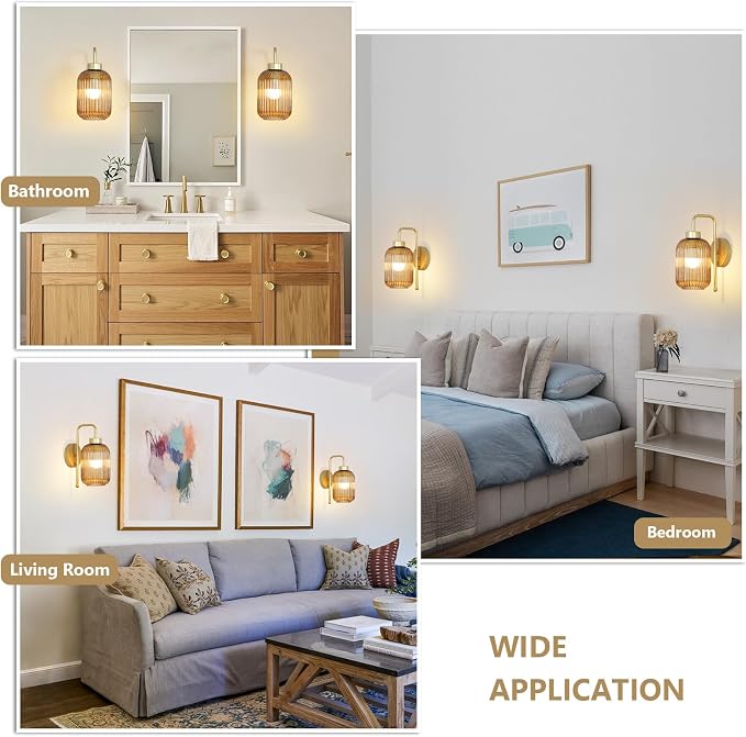 LAMSU Vintage Gold Wireless Wall Sconces Battery Operated, Rechargeable Wall Lights Set of 2 with Amber Stripe Glass Shade, Remote and Bulb, Cordless Sconces Wall Decor for Bedroom Living Room