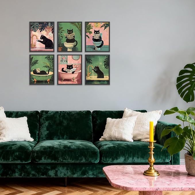 KBKBART 6pcs Funny Cat Bathroom Wall Art Prints Poster Unframed, 8x10 inch | Canvas Wall Decor, Black Cat Pictures Bathroom Toilet Art, Vintage Painting Artwork, for living room bedroom