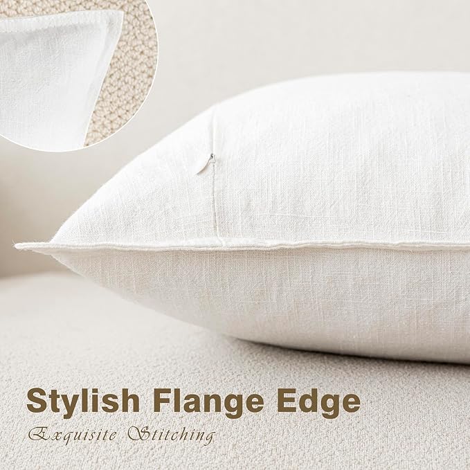 Foindtower Pack of 2, Decorative Linen Soild Throw Pillow Covers Soft Accent Cushion Case Boho Farmhouse Neutral Pillowcase for Chair Couch Sofa Bedroom Living Room Home Decor 24 x 24 Inch Cream White