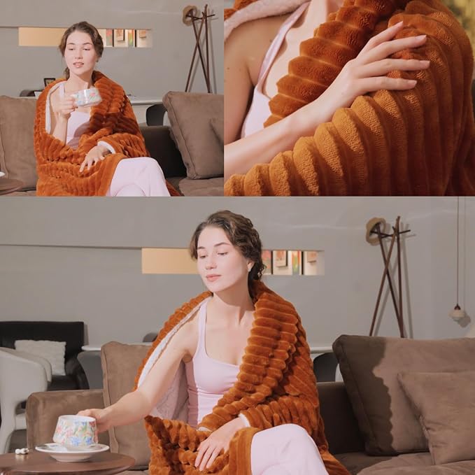 Burnt Orange Sherpa Fleece Throw Blanket 50”×60”for Couch Sofa Bed | Double Side Soft Fuzzy Cozy Plush Thick Flannel Blanket with Striped Design Gift for Adults,Woman