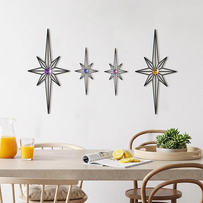 sxnzequnze 4 Pcs Star Wall Art for Home Decor Living Room Bedroom Office Metal 3D,Bling,with Hanging Hook Starburst Midcentury Sculpture Retro Gallery Accent Celestial -Black 16.5in/9.4in