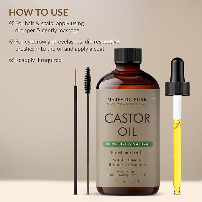 Majestic Pure USDA Organic Castor Oil - 100% Pure & Natural - Premium Grade, Cold Pressed, Hexane Free - Hair, Eyelashes, Eyebrows, Nails - Moisturizing & Nourishing - 4 Fl Oz