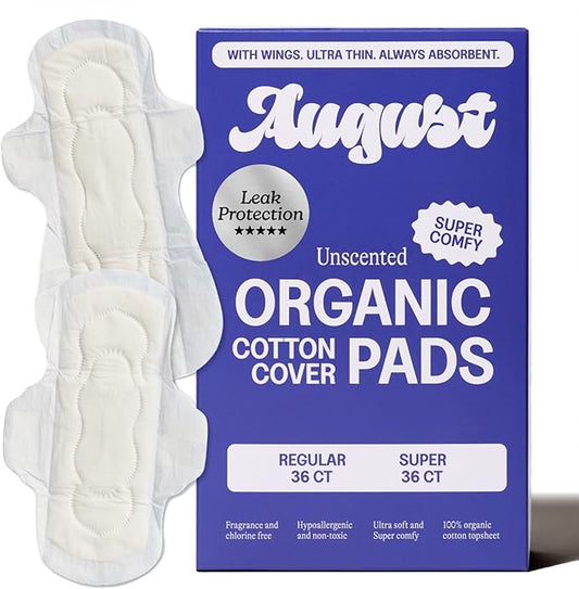 August Regular & Super Cotton Menstrual Pads, 72 (36+36) Ultra Thin Pads with Wings, Hypoallergenic Sanitary Napkins with Organic Cotton Topsheet, Compostable Wrapper, Non-Toxic, Fragrance-Free